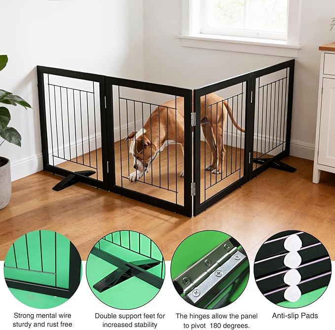 ZJSF Freestanding Dog Gate Indoor, Foldable Dog Fence for Doorways,Hallways or Stairs, Sturdy Wood Extra Wide Pet Gate with Support Feet,Black,24 "Height-4 Panels