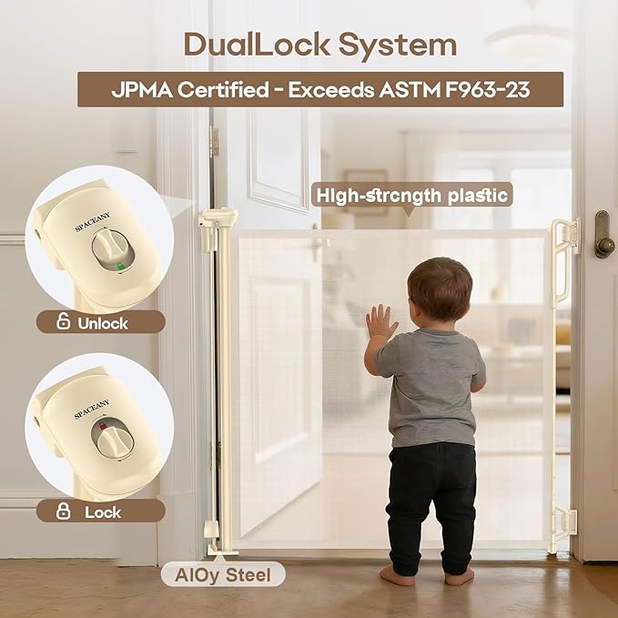 SPACEANY Retractable Safety Baby Gate or Mesh Dog Gate,Durable Portable Mesh Retractable Gate,Easy to Use for Stairs, Doorways, Hallways, Indoor, Outdoor, 33.5" Tall, Up to 55" Wide, Cream