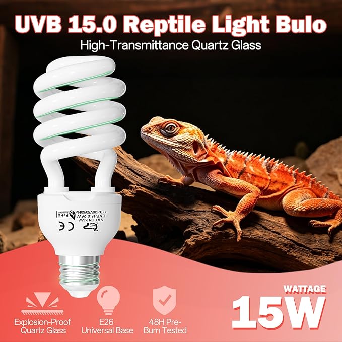 UVB Light for Reptiles 15.0: 26W UVA UVB Reptile Light Bulb for Intense Desert Species - Reptile UVB Light Terrarium Compact Fluorescent Lamp for Reptile and Amphibian with Free UV Sensor Card