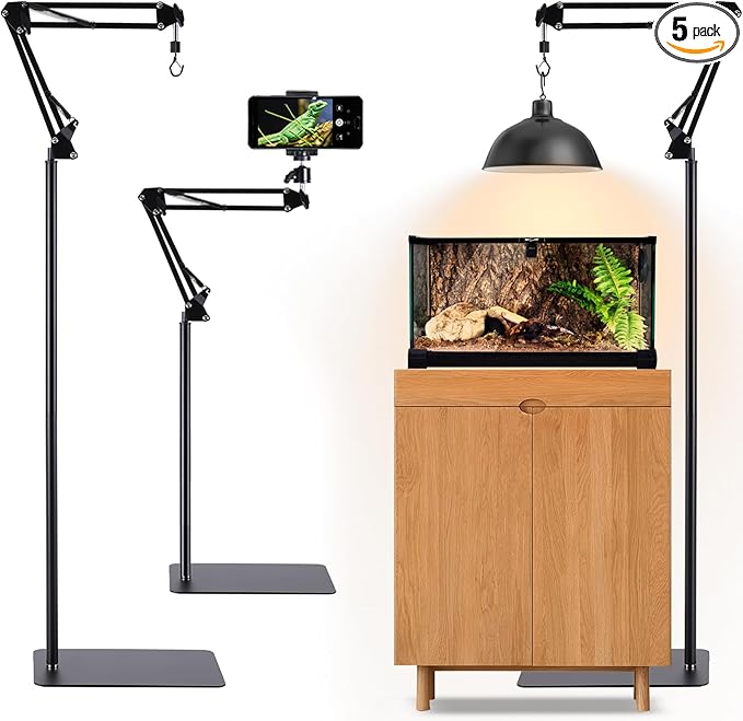 Metal Reptile Lamp Stand Tall Floor，Reptile Heat lamp Stand Adjustable with 360 °Swing Arm, Reptile Heating Lamp Stand Suitable for Different Types of Reptilee Lights (Includes Phone Holder)