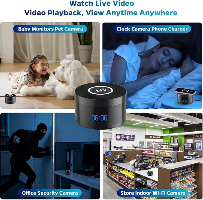 Smart Security Camera - 1080P Indoor Cameras for Home Security - Pet/Dog Camera with Motion Tracking - 15W Fast Phone Charger - Digital Clock