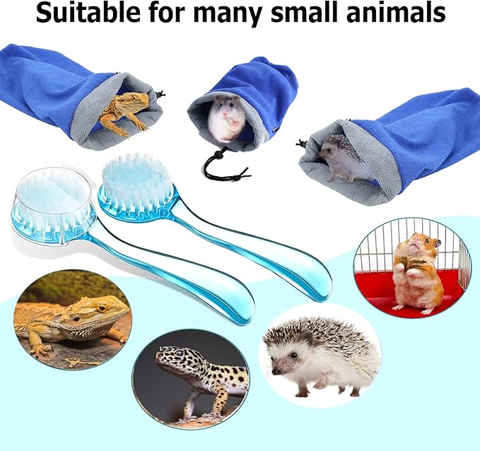 Bearded Dragon Bathing Essentials Kit - Fast Drying Absorbent Towel Bag & 2PC Reptile Brushes Comprehensive Accessories for Gecko, Lizard, Leopard Gecko (Grey)
