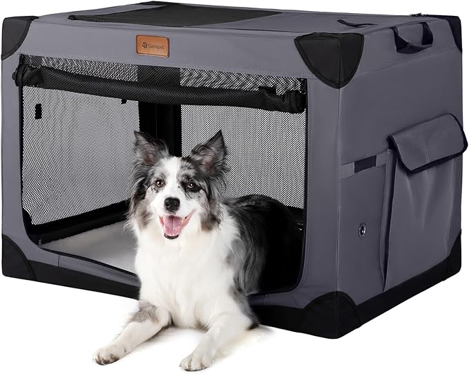 Garnpet Soft Dog Crate for Large Dogs, 4-Door Foldable Collapsible Dog Crate with Soft Sides, Indoor & Outdoor Travel Dog Kennel, Dark Grey