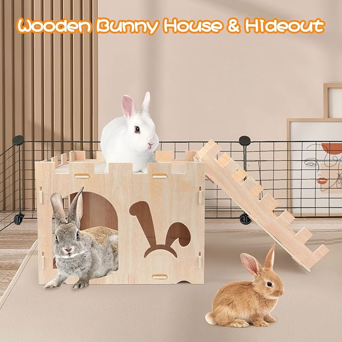 BWOGUE Extra Large Wooden Rabbit Castle Bunny House and Hideouts Detachable Small Animal Play Hideaway Hut for Indoor Adult Rabbit Guinea Pig Chinchilla Habitat