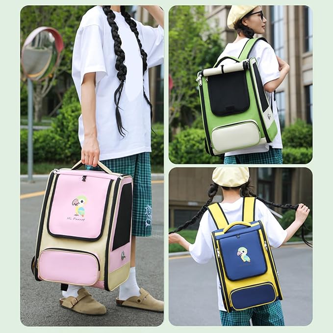 Portable Bird Travel Carrier Backpack for Small Birds Including Perch and Feeder 32x43x28cm Nylon Fabric Blue Pink White