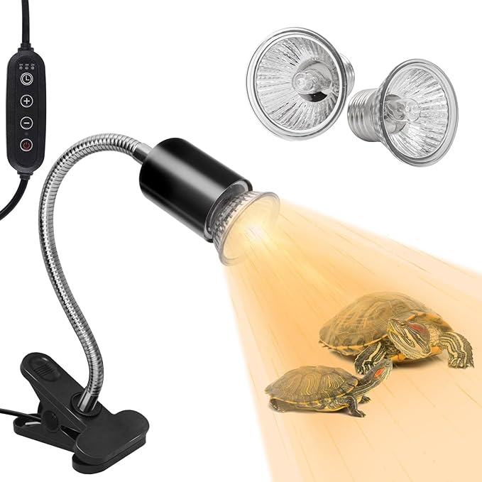 Reptile Heat Lamp with Clamp, Aquarium Turtle Tank Basking Light with 360° Rotatable, Timing, Dimming and 2 Pcs 50W UVA UVB Heat Light Bulb for Turtle, Lizard, Snake, Beared Dragon, Amphibians