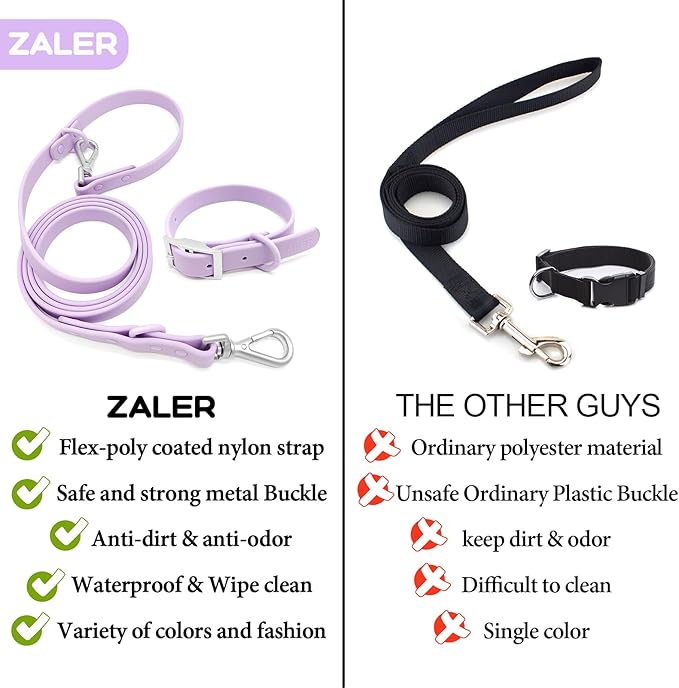 ZALER Dog Collar and Leash Set, Waterproof Adjustable Odor Proof Pet Collars Leashes Easy to Clean, 6FT Dog Leash with 2 Hooks for Large, Medium Small Dogs (L, Purple)