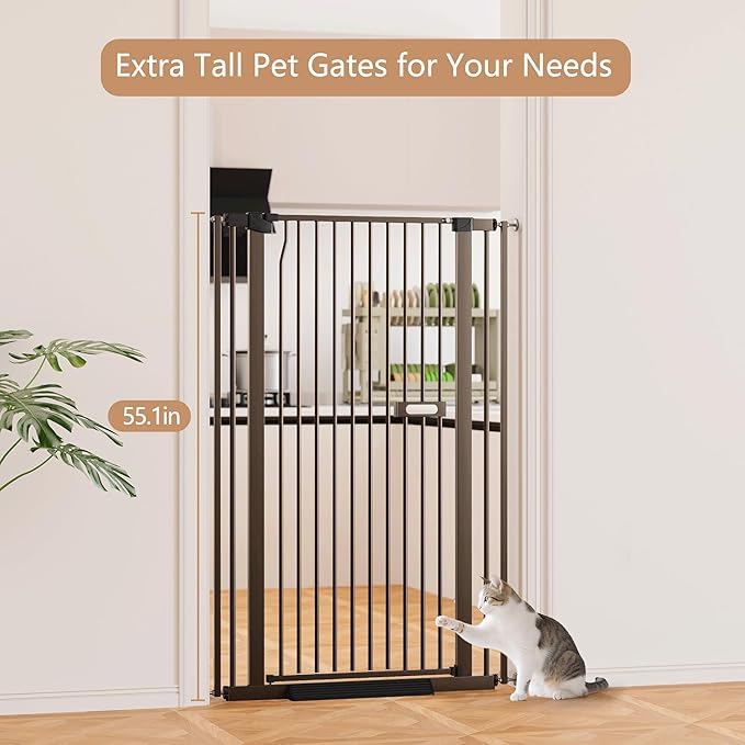 55.1" Extra Tall Dog Gate for StairsDoorways, Cat Gate Indoor for Doorways/Hallways/Kitchen, 30.1-33.8"" Wide Include 4.13" Extension Kits, No Drilling Auto Close High Pressure Mounted, Brown