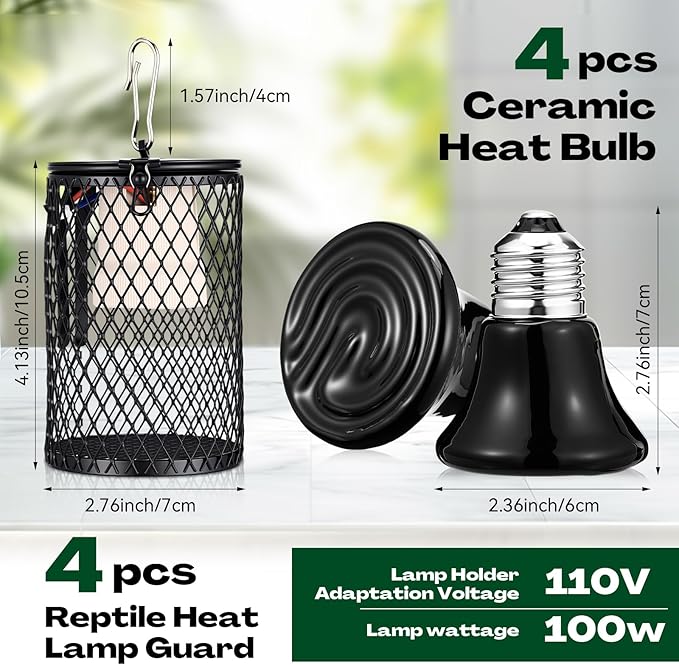 Retisee 4 Pcs Reptile Heat Lamp with Guard Bird Cage Heater 100w Ceramic Bulb Anti-scalding Heat Lamp Holder Bulb Short Grid Cage with Anti-bite Hook and Power Switch for Parrot Lizards Snakes Chicks