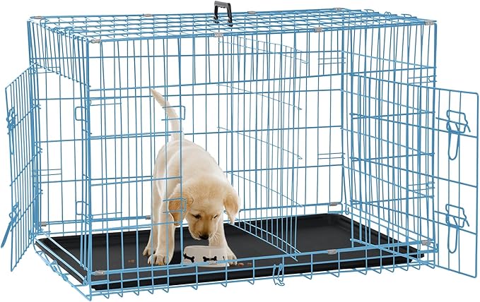 Dog Crate for Large Medium Small Dogs, Folding Dog Kennel Cage with Plastic Tray & Divider 48"/42"/ 36"/ 30"/ 24" Indoor Outdoor Metal Double Door Heavy Duty Dog Pen Enclosure, Blue(24 Inch)