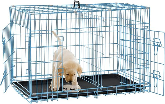 Dog Crate for Large Medium Small Dogs, Folding Dog Kennel Cage with Plastic Tray & Divider 48"/42"/ 36"/ 30"/ 24" Indoor Outdoor Metal Double Door Heavy Duty Dog Pen Enclosure, Blue(24 Inch)
