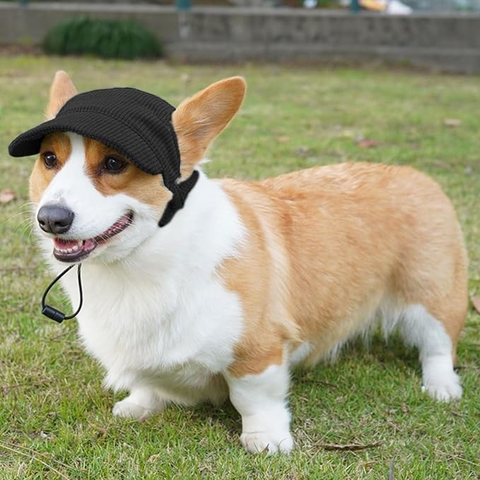 Dog Baseball Cap, Dog Cat Summer Beach Visor Hat with Ear Holes, Adjustable Puppy Sunbonnet Headdress (Black, X-Small)