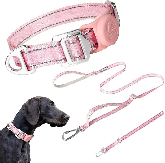 Dog Leash and Collar, Dog Seat Belt for Car, Reflective Nylon, Metal Buckle, IP68, Padded Handle Leash, Durable and Comfortable, for Small Medium Large Dogs (Blush Pink, S)