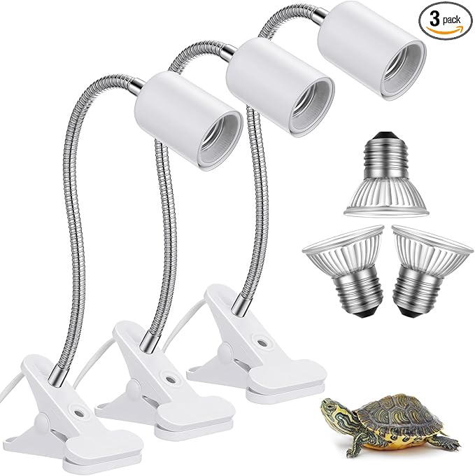 3 Set Reptile Heat Lamp UVA/UVB Turtle Heat Lamp Holder Fixture Clamp Basking Spot Adjustable 50w Full Spectrum Sun Sunbathe Bulb for Turtle Lizard Bearded Dragon Snake Aquarium Amphibian(White)