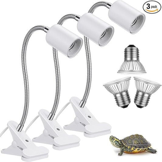 3 Set Reptile Heat Lamp UVA/UVB Turtle Heat Lamp Holder Fixture Clamp Basking Spot Adjustable 50w Full Spectrum Sun Sunbathe Bulb for Turtle Lizard Bearded Dragon Snake Aquarium Amphibian(White)