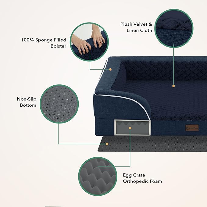 Orthopedic Dog Beds for Large Sized Dogs, Waterproof Memory Foam Large Pet Bed with Sides 35x22Inch, Non-Slip and Egg-Crate Foam Big Dog Couch Bed with Removable Washable Cover, Navy Blue