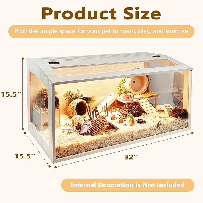 PROLEE Hamster Cage with Chewproof Wood Top, Guinea Pig Cages, Hamster Habitat with Clear Acrylic Sheets Solid Built, Small Animal Cage (Oak, 32X15.5X15.5 inch)