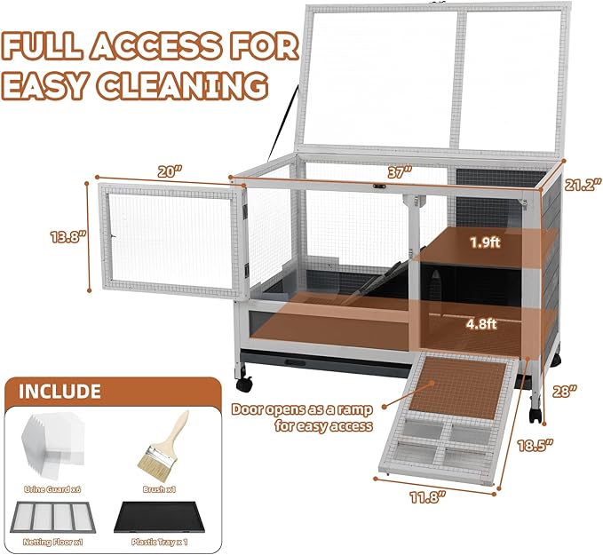 Rabbit Hutch Indoor Rabbit Cage with Chew-Proof Ramp & Leak-Proof Trays Urine Guards/Netting Floor,Doors.37 Wooden Rabbit Cage with Wheels for Rabbits, Guinea Pigs Small Animal