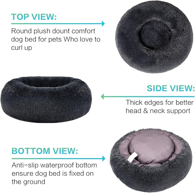 SAVFOX 36 inches Calming Donut Dog Bed - 3X Durable Plush Faux Fur, Machine Washable & Non-Slip, Fits up to 100 lbs, Dark Grey
