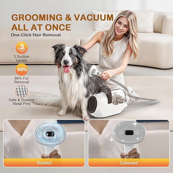 Dog Grooming Vacuum, Dog Grooming Kit with Pet Clipper Nail Grinder, 3 Suction Modes Dog Brush Vacuum with 6 Pet Grooming Tools(Camel)