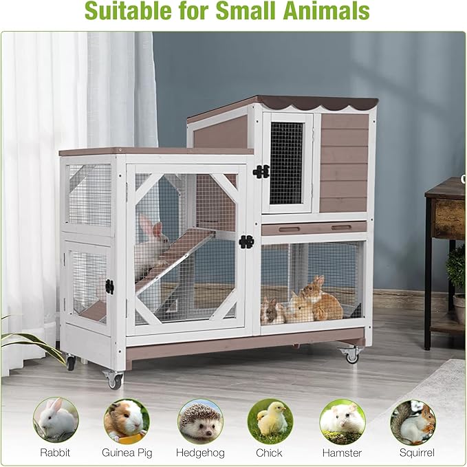 Rabbit Hutch Indoor Outdoor, 2-Story Bunny Cage with Wheels, Wooden Rabbit House with Leakproof Trays, Rain Cover, Guinea Pig Cages with Chew-Proof Ramp (Brown)