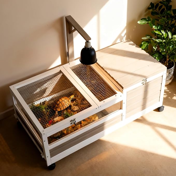 Tortoise Habitat with Lamp Holder in Indoor & Outdoor, Wooden Extensible Turtle Enclosure Table with 4 360° Lockable Wheels, Leakproof Tray, Openable Roof for Tortle, Lizard, Chameleon