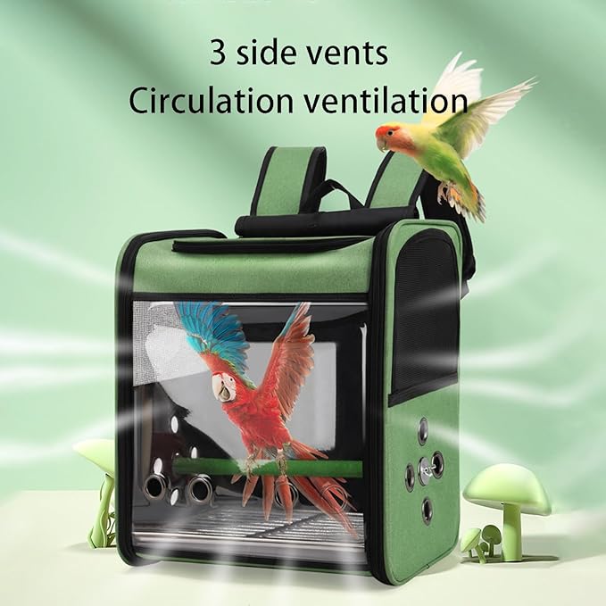 Bird Stroller Bird Backpack Carrier with Perch 14 * 11 * 16in Panoramic View with 3 Side Vents Removable Tray for Conures Parakeet Budgie (Coffee)