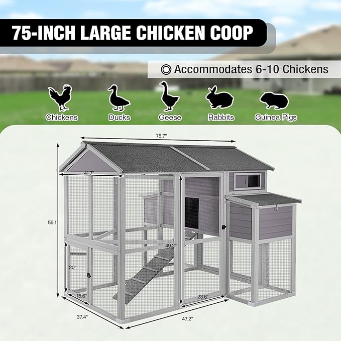 Super Large Chicken Coop - Outdoor Chicken Tractor with 2 Large Nesting Box, Wooden Hen House with Waterproof Asphalt Roof, Poultry Cage with Leakproof Pull-on Tray