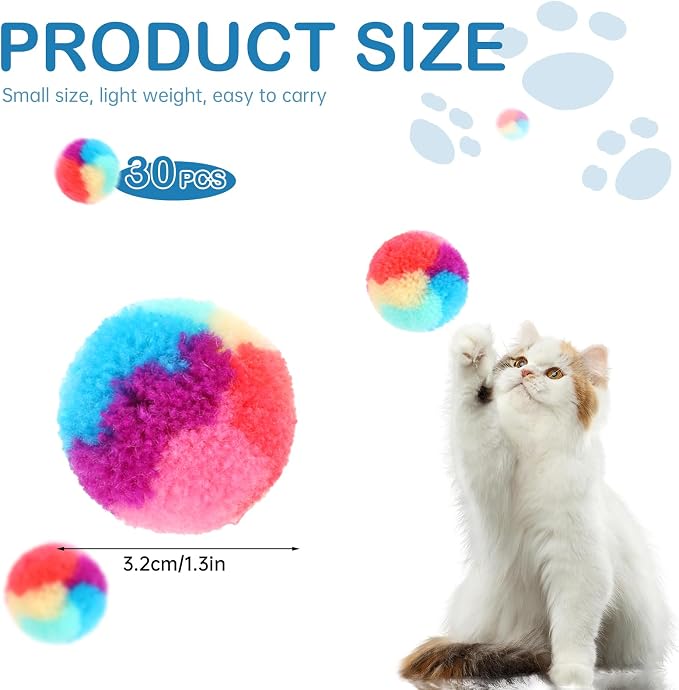KALIONE 30 Pcs Soft Plush Cat Ball 1.2-inch Rainbow Cat Toy Balls Fuzzy Kitty Balls Kitten Puff Balls Colorful Cat Pom Pom Balls for Cat Kitten Pet Playing Exercising - Image 6