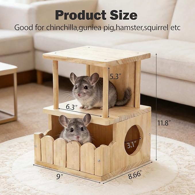 Chinchilla Hideout Wooden Hides for Guinea Pigs, Small Animal Nature Wood House Chinchilla Cage Accessories for Hamster, Squirrel, Sugar Gliders etc (2-Layer)