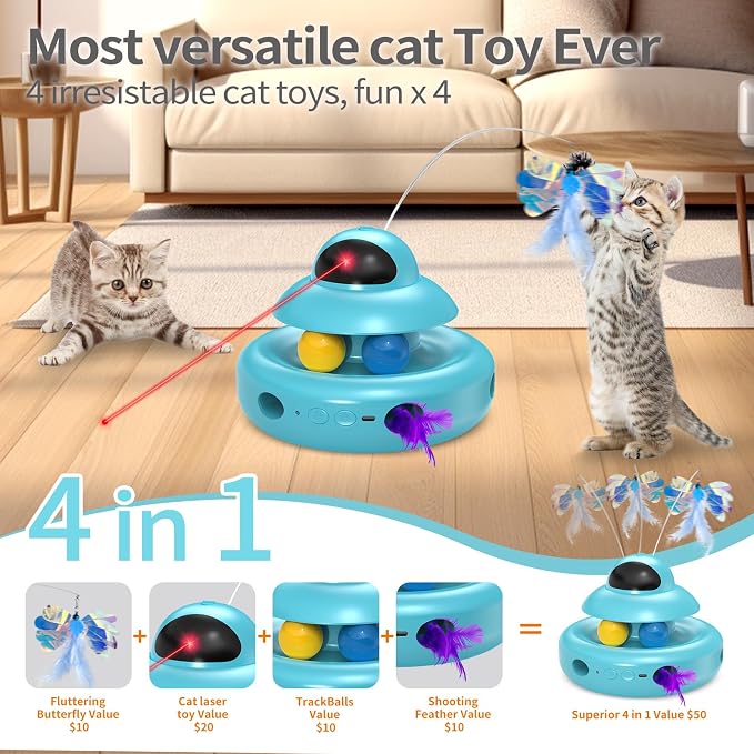 MOHAYA Cat Toys,4-in-1 Automatic Kitten Toy for Bored Indoor Adult Cats,lectric Flying Butterfly,Whack a Mole,Feather Track Balls,Blue - Image 3