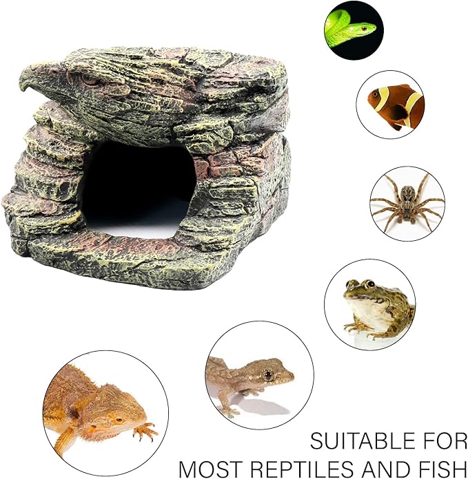 Reptile Rock Basking Platform, Gecko Hide Cave Hiding Place, Snake Cave and Hides for Reptiles, Amphibians, and Small Animals, Lizards (Type-D（Small）)