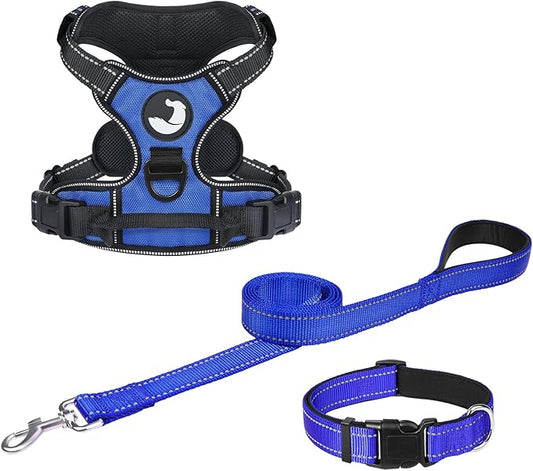 Joytale Dog Harness (Chest: 17-34"), Dog Collar and 6FT x 1" Wide Dog Leash Set, Reflective Padded Nylon Collar and Leash, Adjustable Soft Harness with Handle for Dogs