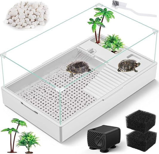 MoonOrange Large Turtle Tank (Tank + Water Pump), Acrylic Turtle Tank Starter Kit with Upgrade Rain Shower Head, Adjustable 5W Water Pump, Higher Fences and Multi-Function Areas. (L)