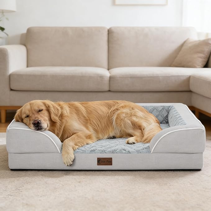 Orthopedic Dog Beds for Extra Large Sized Dogs, Waterproof Memory Foam XL Pet Bed with Sides 42x30Inch, Non-Slip and Egg-Crate Foam Big Dog Couch Bed with Removable Washable Cover, Light Grey