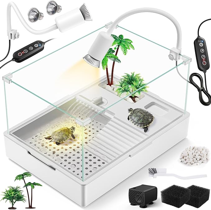 MoonOrange Small Turtle Tank Kit(Tank + Light + Water Pump), Acrylic Turtle Tank Starter Kit with Upgrade Rain Shower Head, Adjustable 5W Water Pump, Higher Fences and Multi-Function Area. (S-Kit)