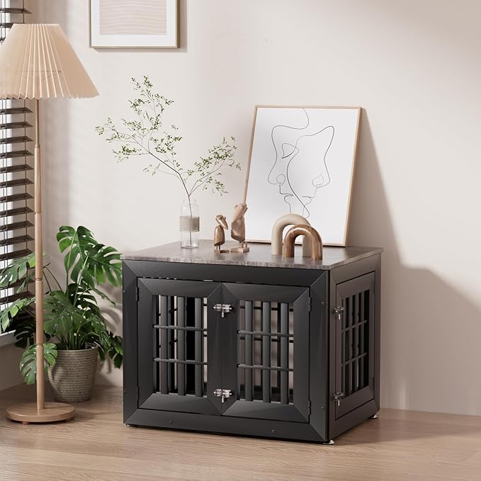 Snuowu 32" Heavy Duty Dog Crate Furniture for Small,Medium and Large Dogs,Rustic Wooden Dog Cage Kennel Indoor Furniture with Waterproof Top,Decorative Pet House Side End Table (Black & Grey)