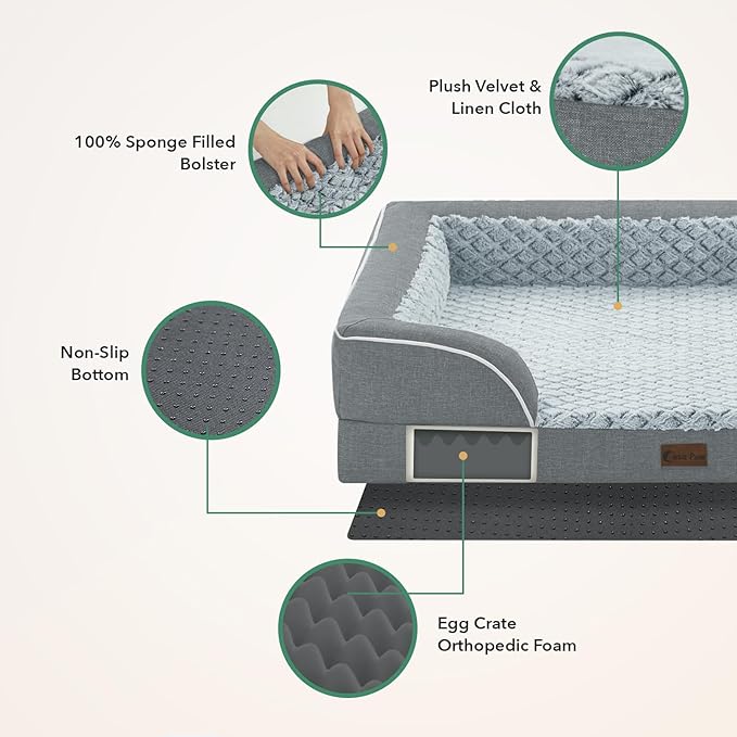 Orthopedic Dog Beds for Large Sized Dogs, Waterproof Memory Foam Large Pet Bed with Sides 35x22Inch, Non-Slip and Egg-Crate Foam Big Dog Couch Bed with Removable Washable Cover, Grey