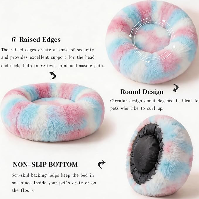 Calming Donut Dogs Beds for Small Dogs Washable,23inch Plush Round Pet Bed for Cozy Sleep,Fluffy Faux Fur Large Cat Bed,Fits up to 25 lbs Pets,Multi Colored