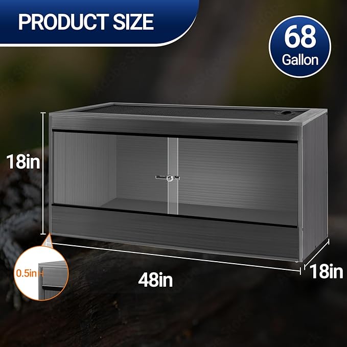 68 Gallon Reptile Enclosure, 48x18x18 Reptile Tank Terrarium, 48" Wide Large Lightweight Wood & Plastic Eco Composite Reptile Habitat Lounge for Ball Python Bearded Dragon Gecko Turtle Snake