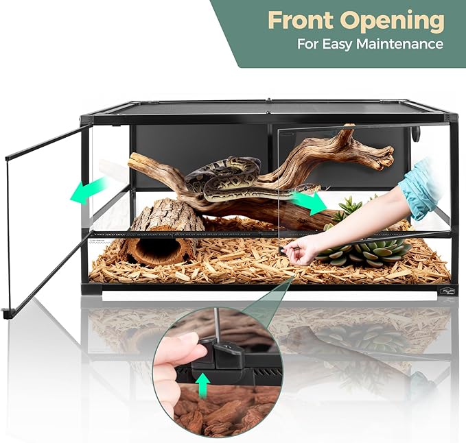 70 Gallon Full Glass Reptile Tank, Quick Fold Reptiles Enclosure with Waterproof Base, Top Screen Ventilation, 40" x 20" x 20" Front Opening Large Terrarium for Bearded Dragon, Ball Python, Snake