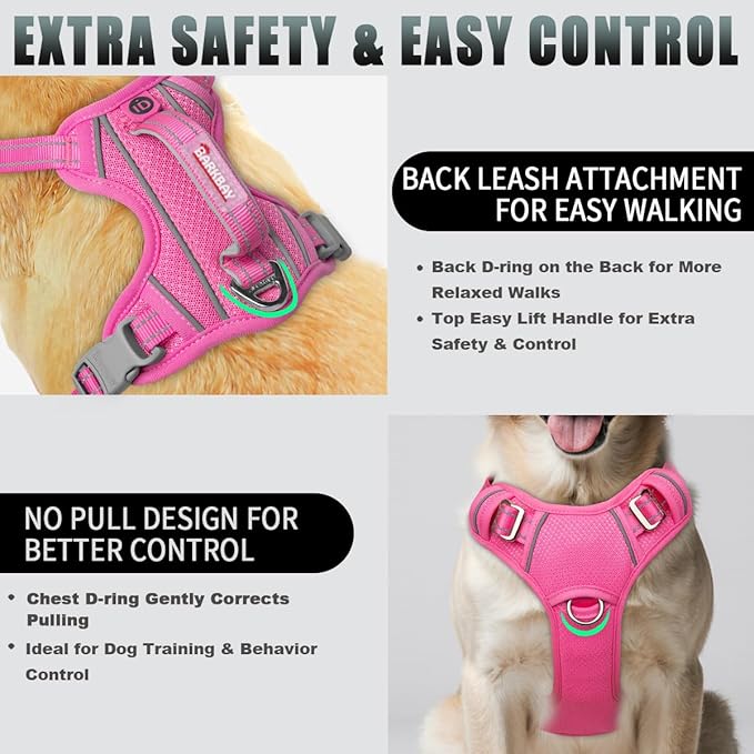 BARKBAY No Pull Dog Harness Large Reflective Dog Harness with Front Clip and Easy Control Handle for Walking Training Running with ID tag Pocket(Pink,M)