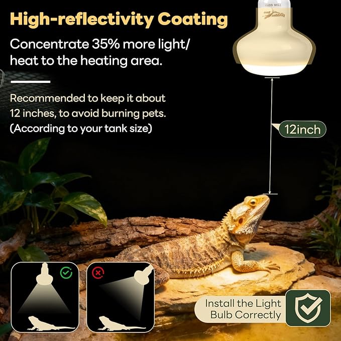 Reptile Heat Lamp, 2 Pack 75W Simulated Natural Sunlight Heat Lamp Bulbs Reptile Warm Light Lamps UVA Daylight Basking Light for Bearded Dragon Chameleon Turtle Snake Gecko Lizard Chicken, White