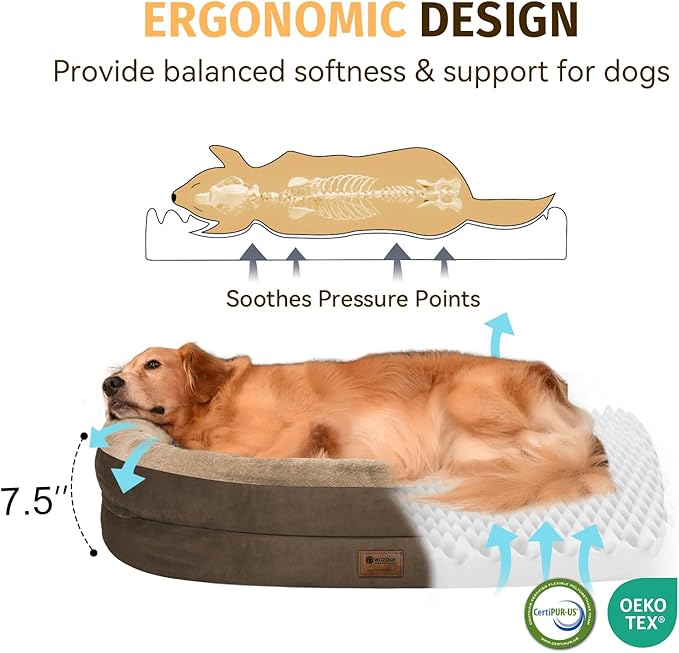 Orthopedic Dog Bed for Extra Large Dogs, XL Waterproof Dog Bed with Bolsters, Supportive Egg Crate Foam Pet Couch Bed with Removable Washable Cover & Non-Slip Bottom, Coffee