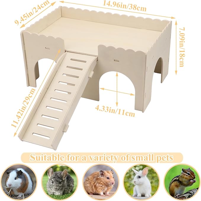 Hypeety Wooden Guinea Pig Hideout Sturdy Wooden Castle with Stairs Easy to Assemble Small Animal House Guinea Pig Hut Bed Habitats for Hamsters Bunnies Chinchillas Playing and Hiding