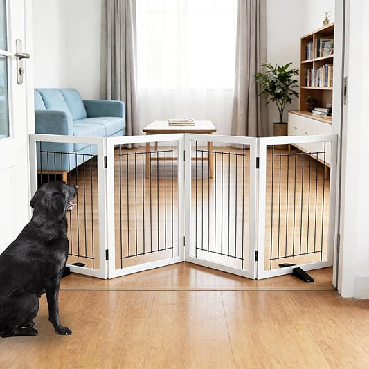 ZJSF Freestanding Dog Gate Indoor, Foldable Dog Fence for Doorways,Hallways or Stairs, Sturdy Wood Extra Wide Pet Gate with Support Feet,White,32 "Height-4 Panels