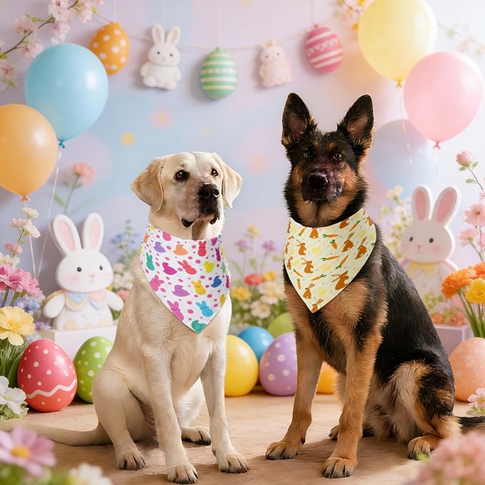 Easter Dog Bandanas XLarge 2PCS, Triangle Reversible Bunny Scarf for Boy and Girl, Adjustable Puppy Bibs for Large and Extra Large Pets Cats