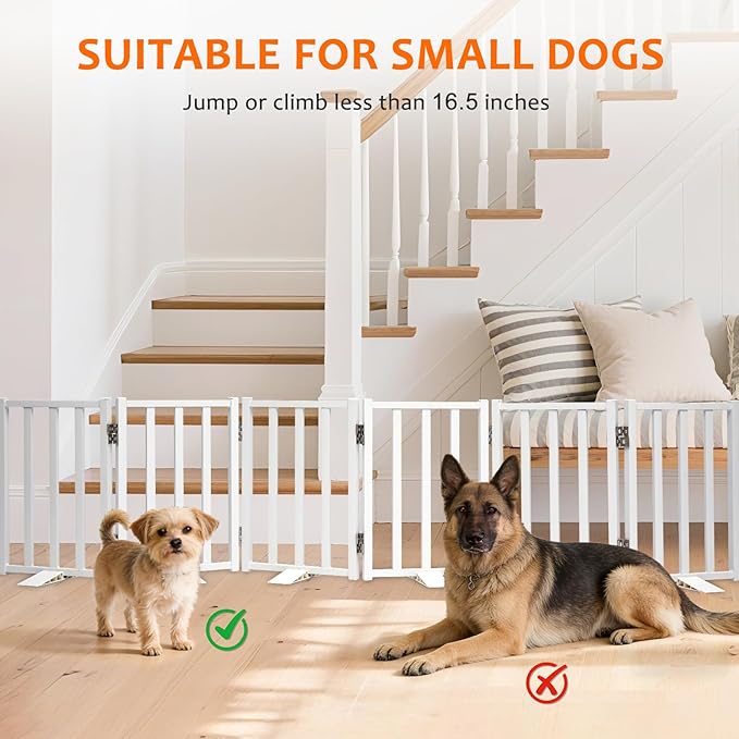 Snagle Paw Short Dog Gate,16.5" Tall Freestanding Metal Dog Gate Only for Small Dogs with Support Feet Easily Step Over,Up to 72" Wide Puppy Gate Indoor for Stairs,Doorways(White,6 Panel)