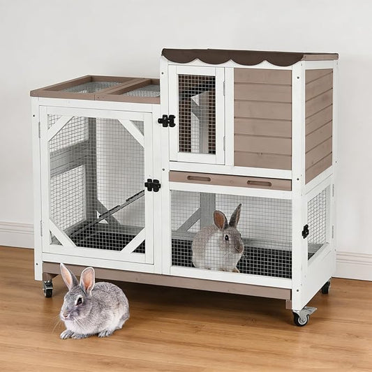 Rabbit Hutch Indoor Outdoor, 2-Story Bunny Cage with Wheels, Wooden Rabbit House with Leakproof Trays, Rain Cover, Guinea Pig Cages with Chew-Proof Ramp (Brown)