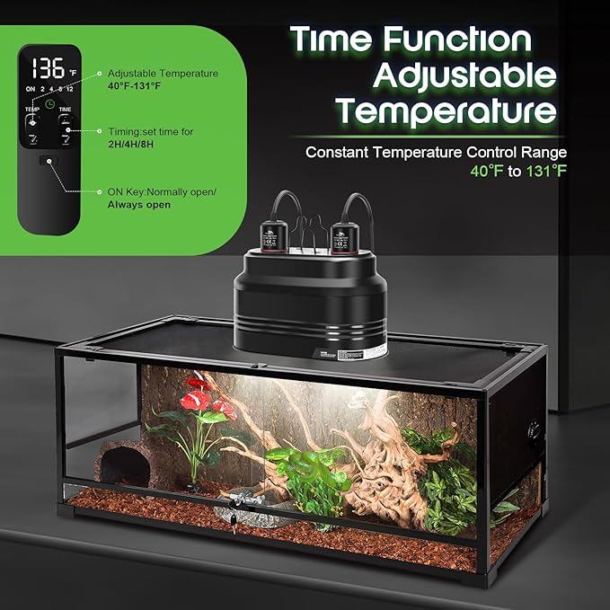 MECESOR Dual Reptile Light Fixture,Double Reptile Heat Lamp Fixture with Independent Thermostat Control & Timer Dimming Function Reflector Dome Lamp Fixture for Lizard,Bearded Dragon - Max 160W